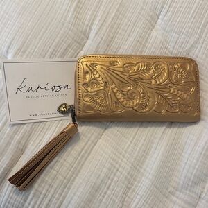 Gold Embossed Leather Zip Wallet with Tassel